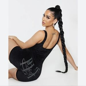 PRETTYLITTLETHING Shape Black Velour Diamante Unitard New with Tags Size 14